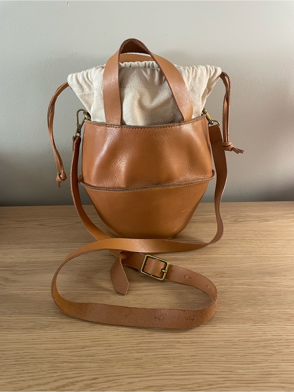 Madewell Tan Leather Bucket Crossbody Bag with Canvas Drawstring